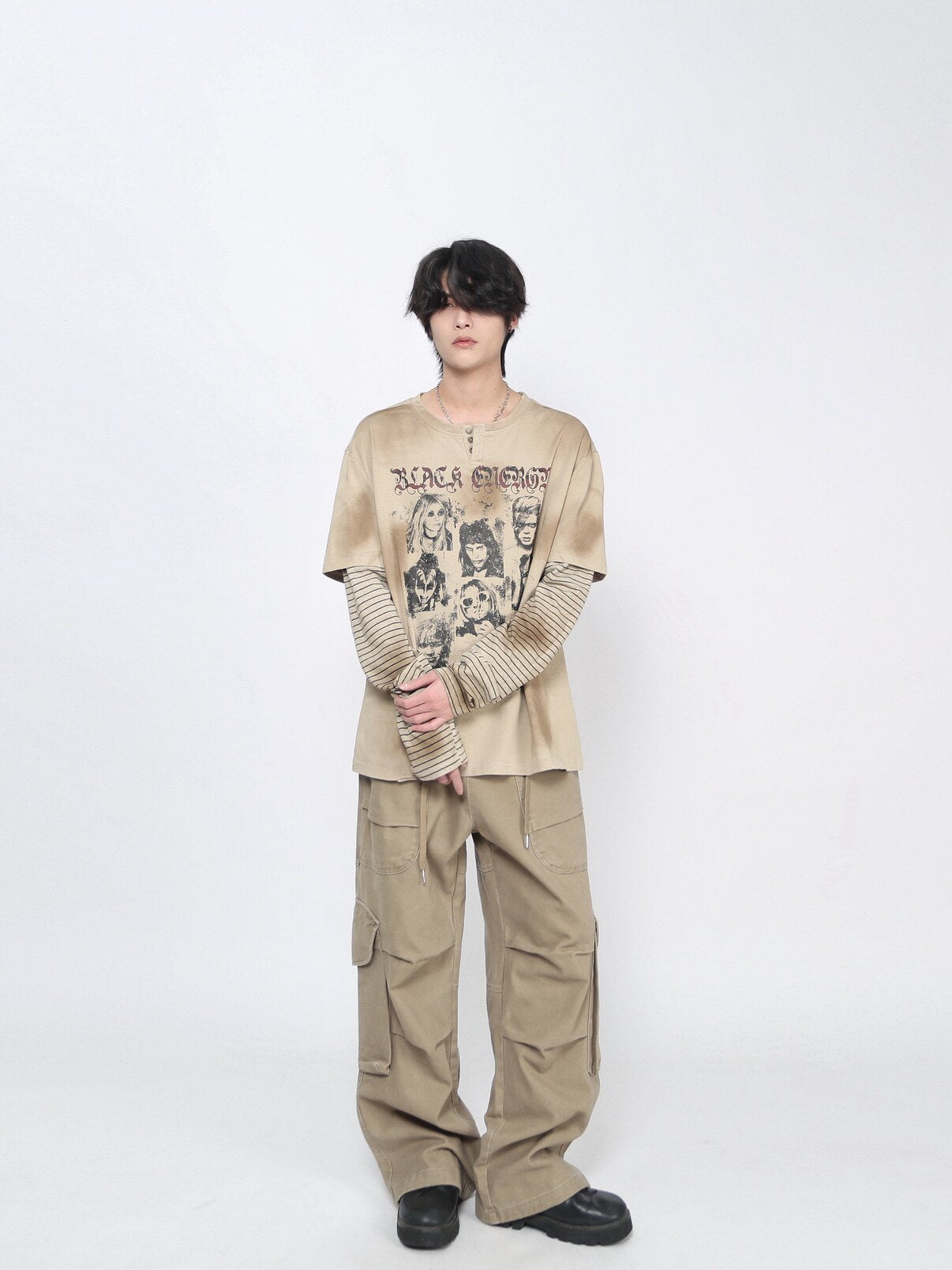 Oversize Portrait Graphic Fake Layered Long Sleeve T-Shirt WN24426