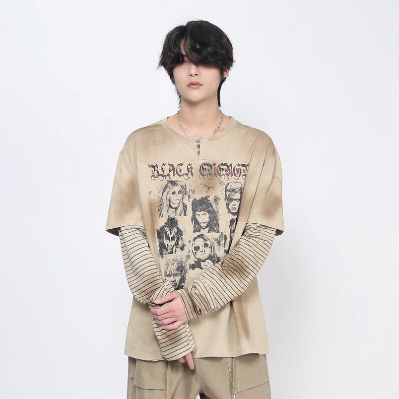 Oversize Portrait Graphic Fake Layered Long Sleeve T-Shirt WN24426