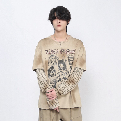 Oversize Portrait Graphic Fake Layered Long Sleeve T-Shirt WN24426