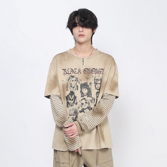 Oversize Portrait Graphic Fake Layered Long Sleeve T-Shirt WN24426