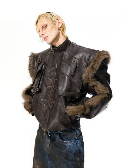 Washed Zipper Fake Fur Patchwork PU Leather Short Jacket WN21825