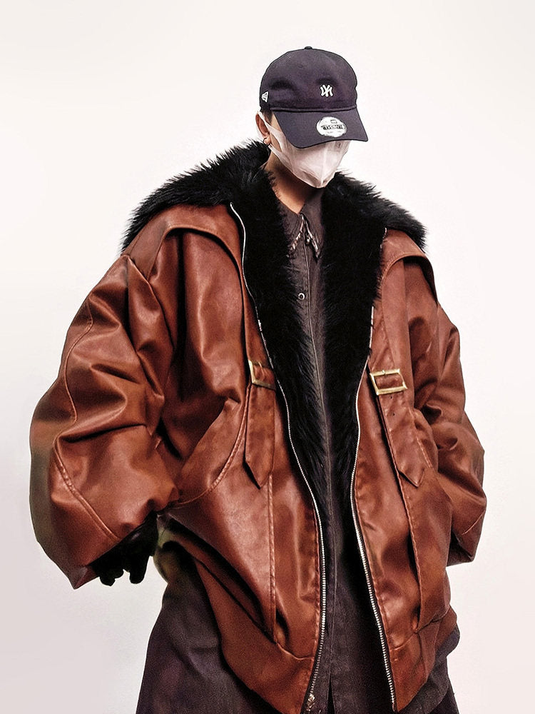 Fake Fur Lapel Oversize PU Leather Jacket WN24019