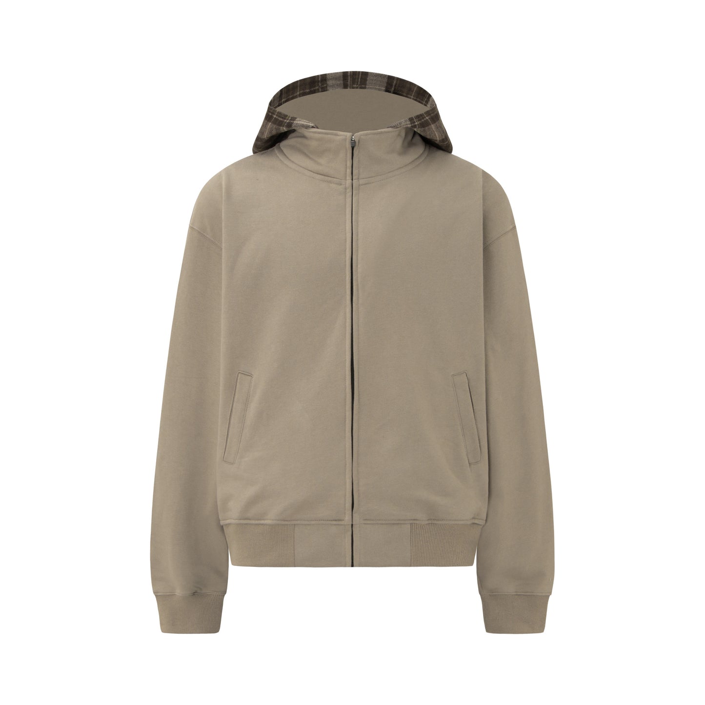 Heavyweight Washed Fake Layered Plaid Zipper Hoodie WN26175