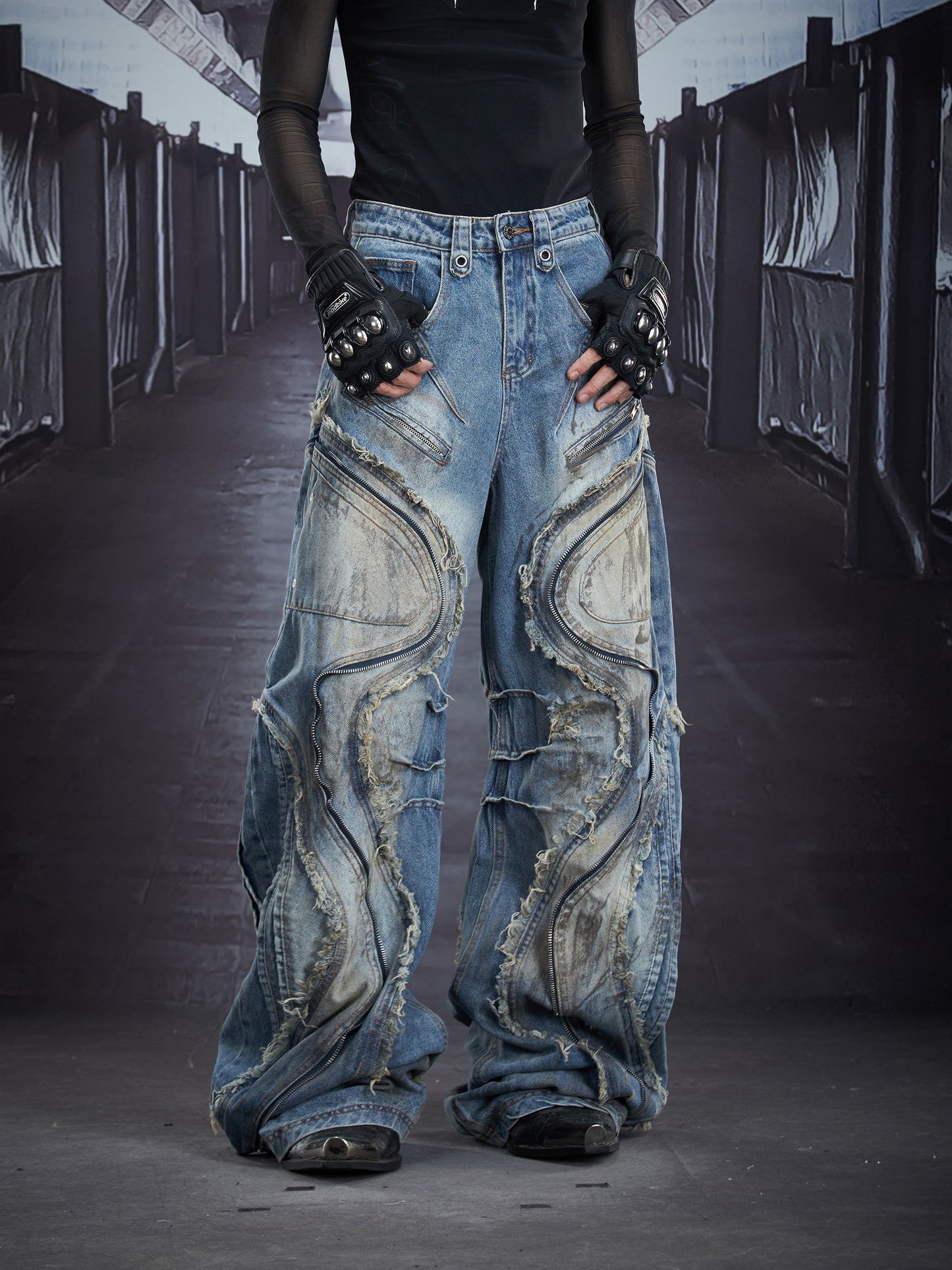 Extra Long Zipper Wash Damage Fringe Barrel Denim Jeans WN22863
