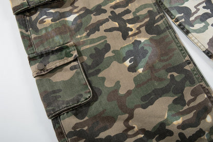 Denim Camouflage Patchwork Multi-Pocket Wide Leg Cargo Pants WN27858