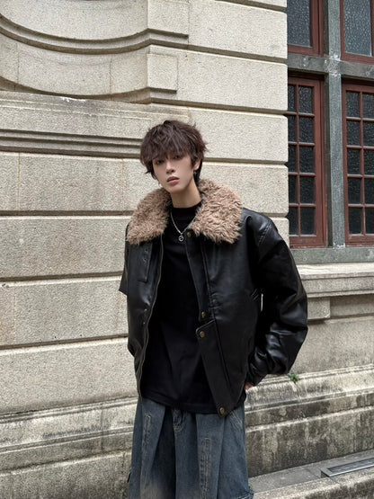 Fake Fur Collar Zip-Up PU Leather Jacket WN23146