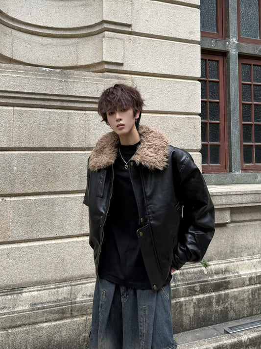 Fake Fur Collar Zip-Up PU Leather Jacket WN23146