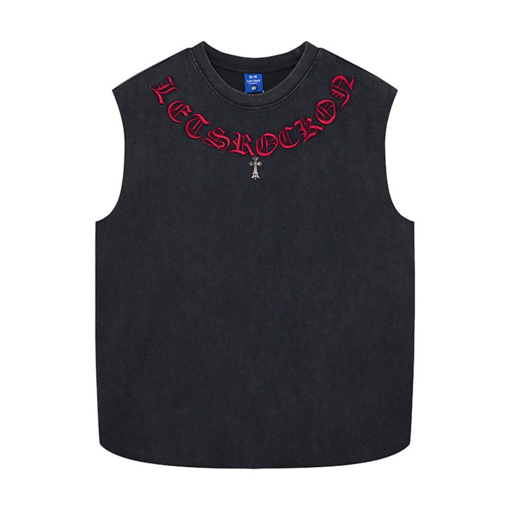 Washed Gothic Letter Embroidery Sleeveless T-Shirt WN27947