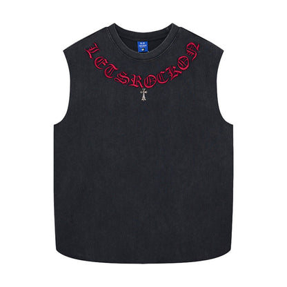 Washed Gothic Letter Embroidery Sleeveless T-Shirt WN27947