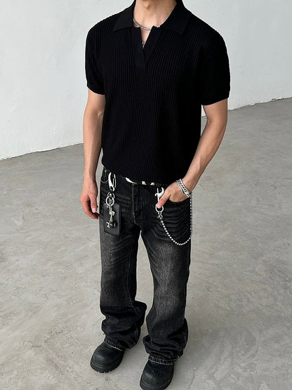 Striped Textured Summer Knit Short Sleeve Polo Shirt WN19570