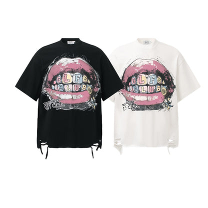 Graffiti Lip Print Damage Short Sleeve T-Shirt WN26521