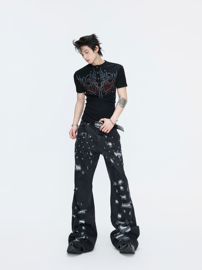 Stud Ripped Wide Leg Denim Jeans WN27007