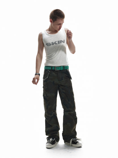Camo Studs Detail Straight Cargo Pants WN27217