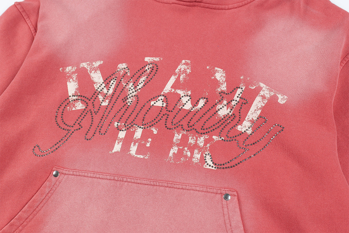 Washed Letter Rhinestone Design Damage Hoodie WN25384