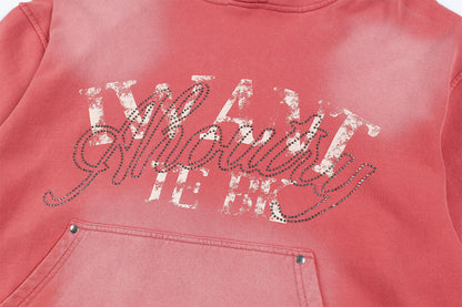 Washed Letter Rhinestone Design Damage Hoodie WN25384