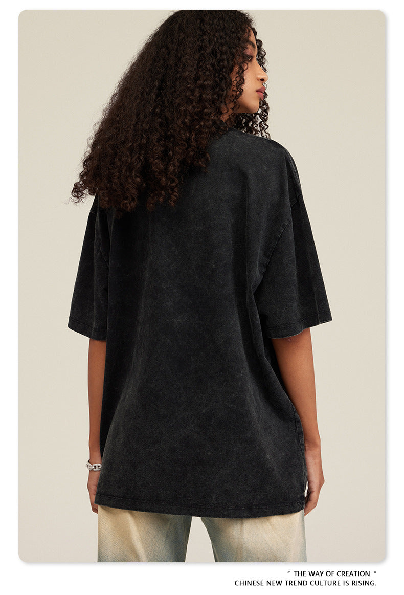 Washed Round Neck Pure Cotton Short Sleeve T-Shirt WN7832