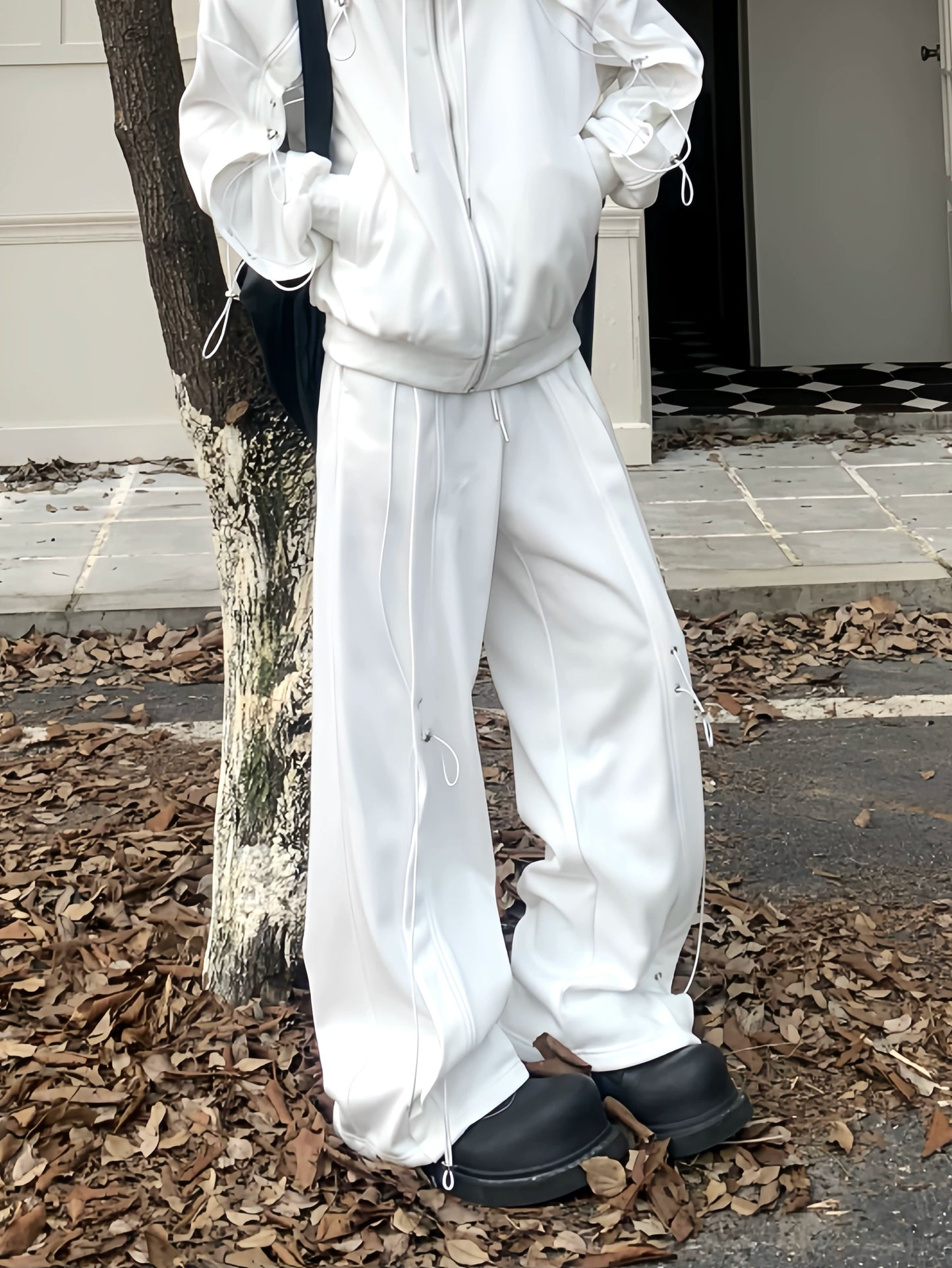 Drawstring Oversize Zipper Hoodie & Drawstring Wide Leg Sweatpants Setup WN19856