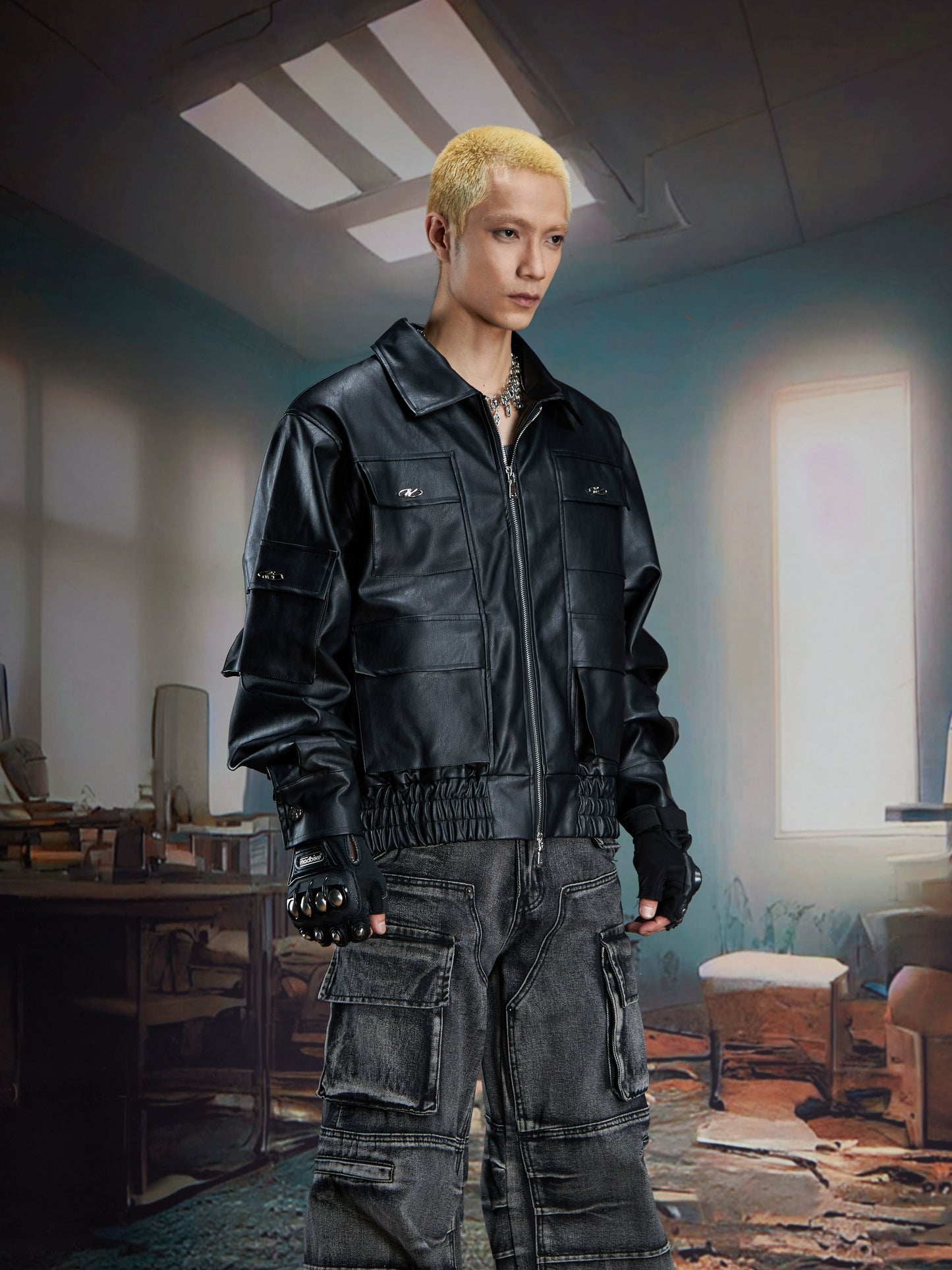 Metal Decor Multi-Pocket PU Leather Zipper Jacket WN21367