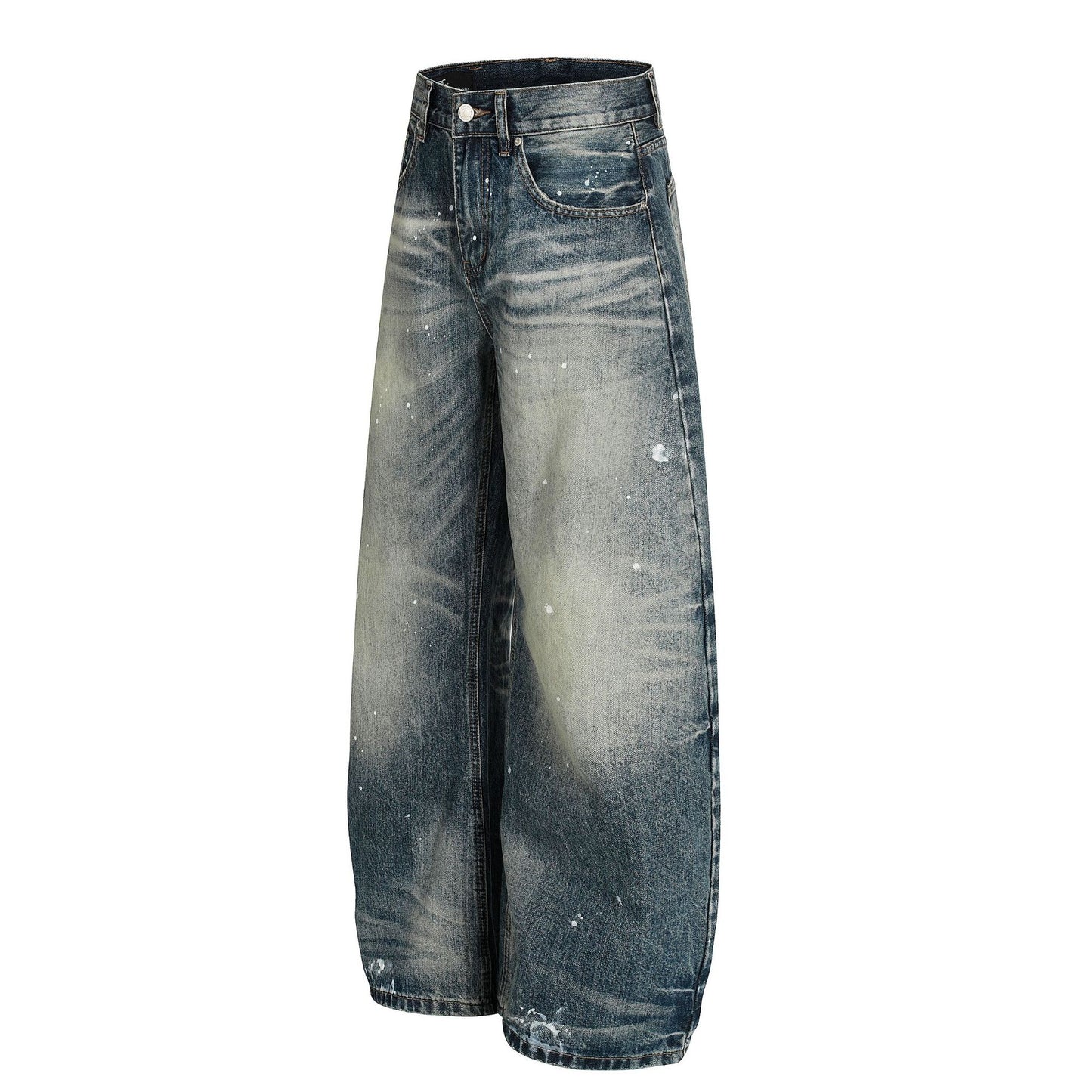 Washed Whisker Paint Splatter Curved Denim Jeans WN26141