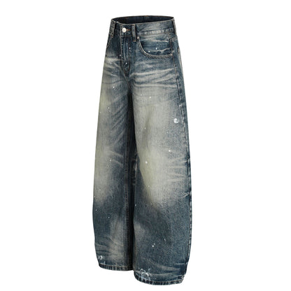 Washed Whisker Paint Splatter Curved Denim Jeans WN26141
