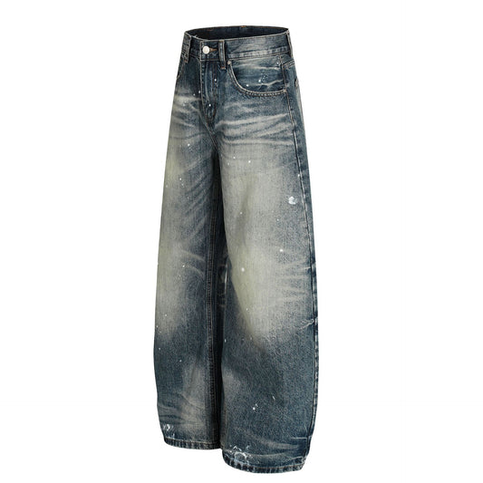 Washed Whisker Paint Splatter Curved Denim Jeans WN26141