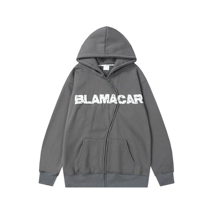 Asymmetrical Zipper Graphic Print Fleece-Lined Oversize Hoodie WN24407