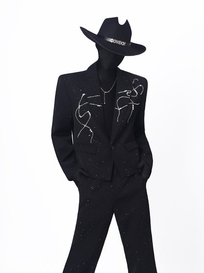 Line Print Studs Tailored Jacket & Studs Flare Trousers Setup WN23682