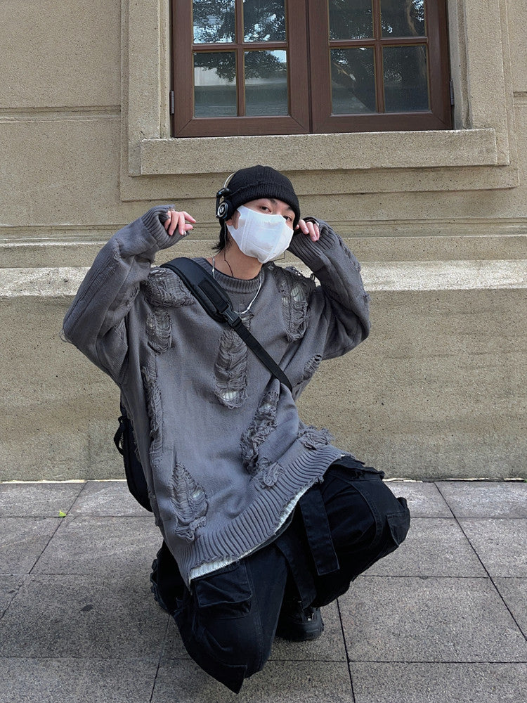 Hole Design Fake Layered Oversize Knit Sweater WN24385