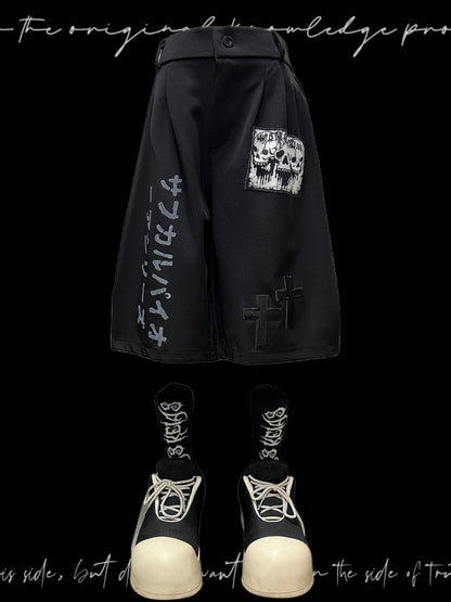 Graphic Letter Patchwork Pocket Tailored Half Pants & Belt & Chain WN20133