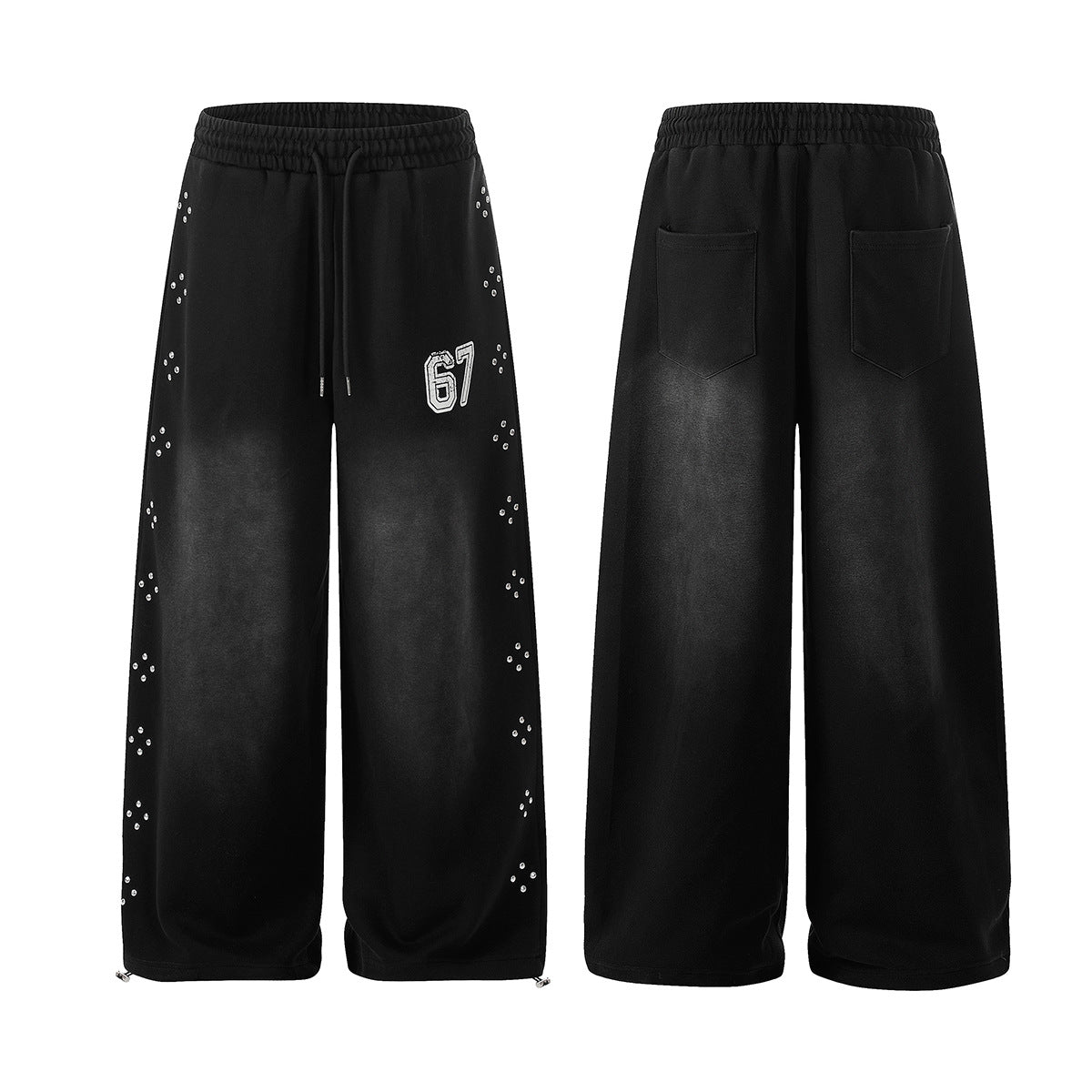 Washed Studs Number Print Wide Leg Pants WN25536