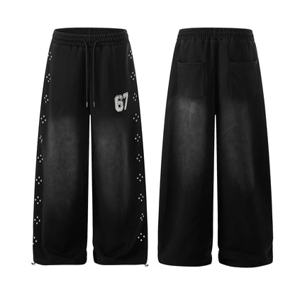 Washed Studs Number Print Wide Leg Pants WN25536