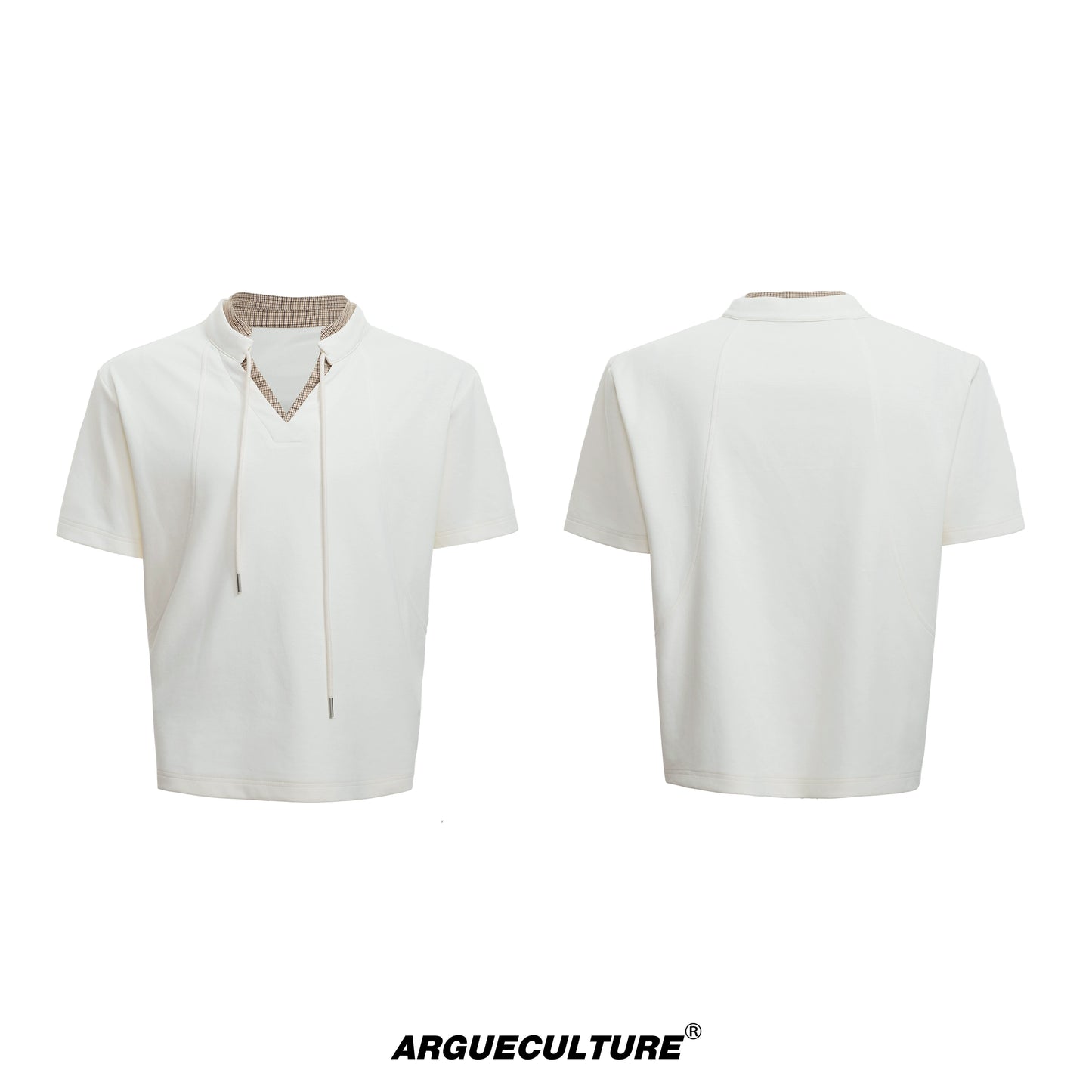 Houndstooth V-Neck Short Sleeve T-Shirt & Double Waistband Curved Hem Pants Setup WN18366