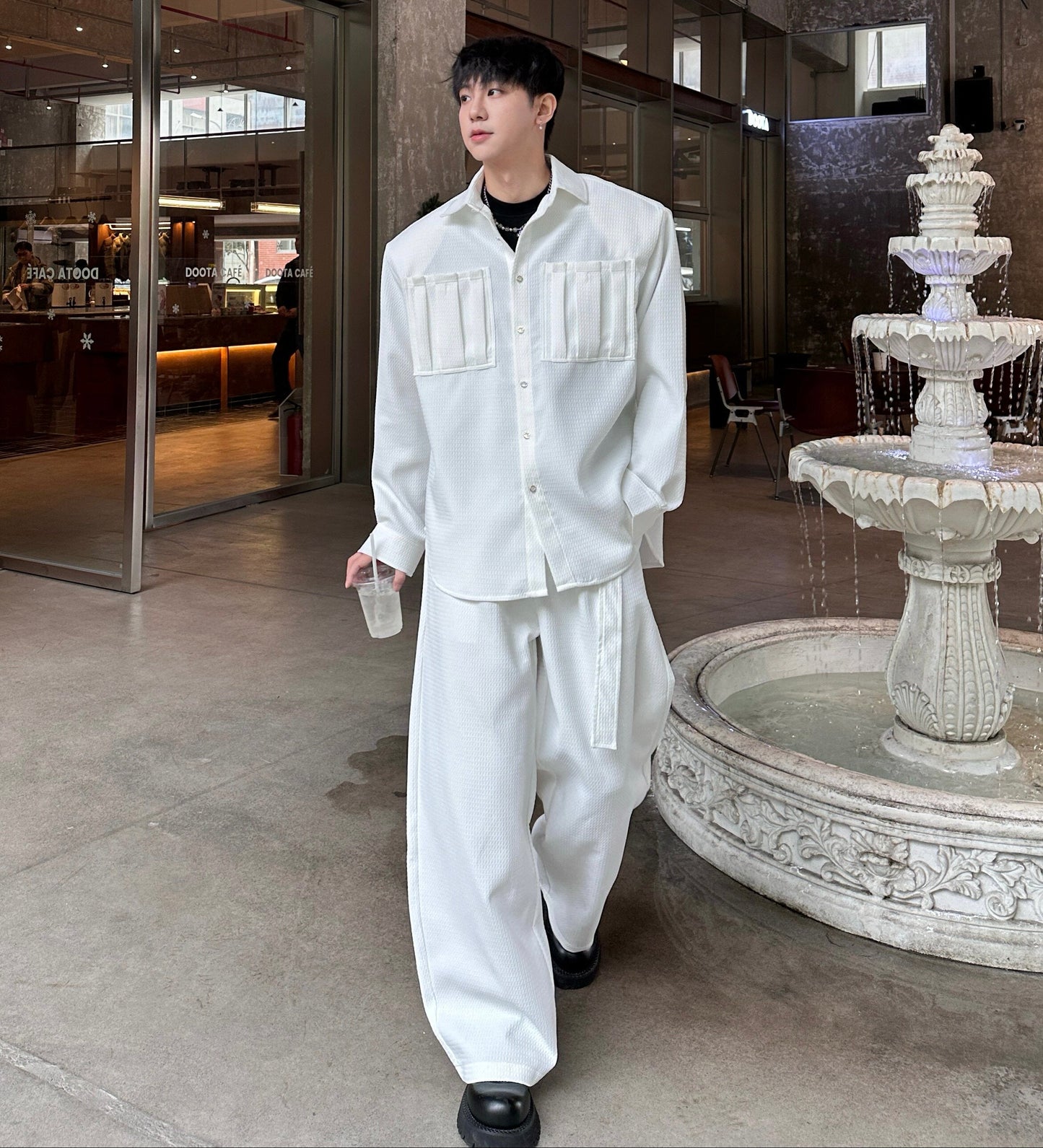 Detachable Tie Shoulder-pad Oversize Long Sleeve Shirt & Wide Leg Trousers Setup WN25242