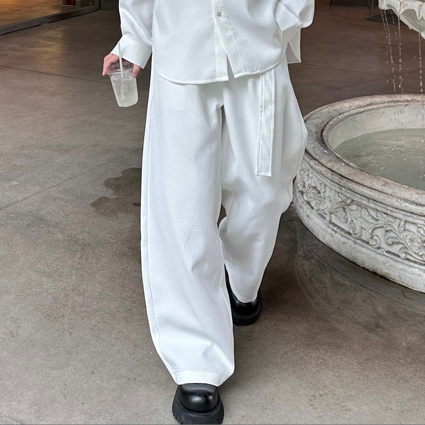 Detachable Tie Shoulder-pad Oversize Long Sleeve Shirt & Wide Leg Trousers Setup WN25242