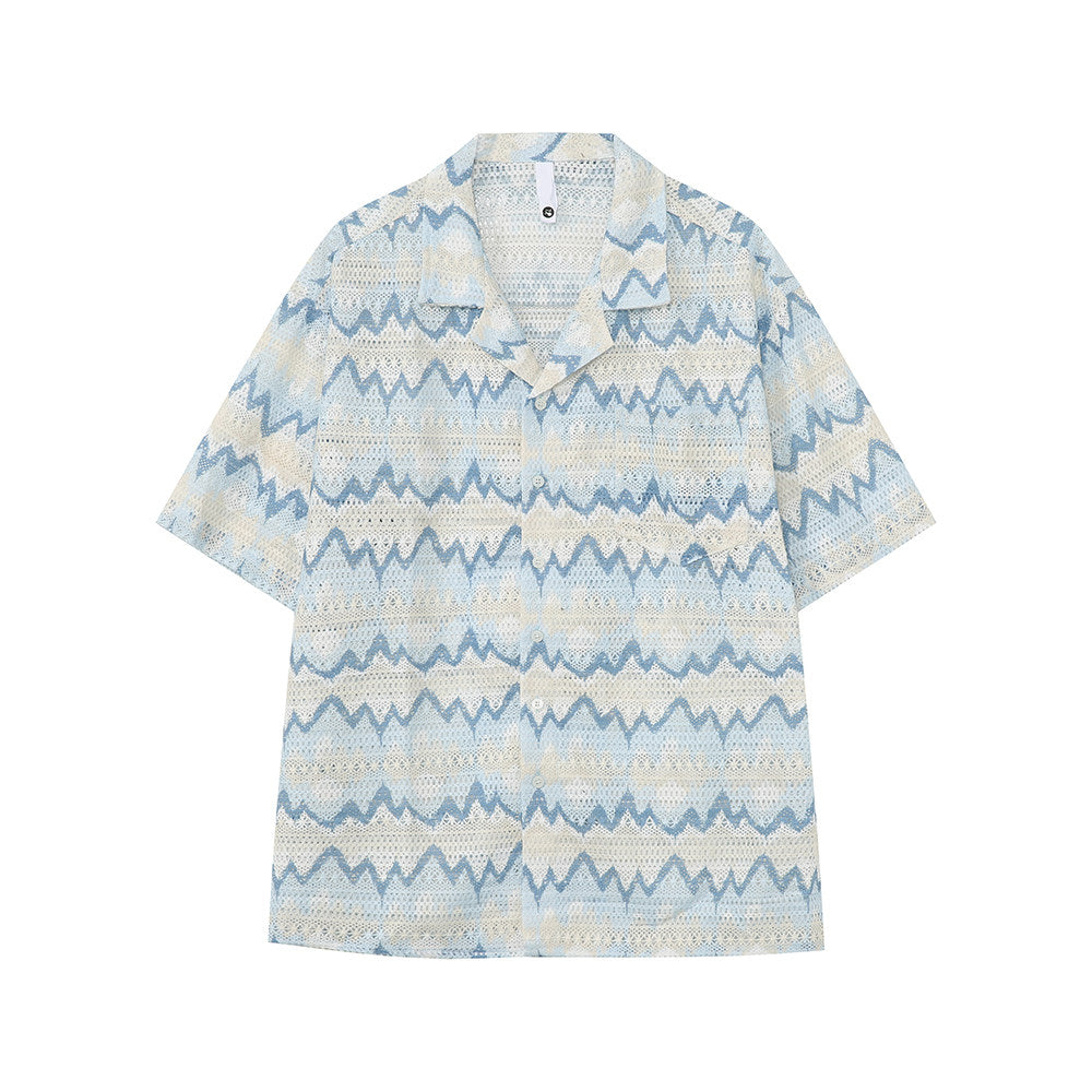 Wave Pattern Open Collar Short Sleeve Shirt WN24883