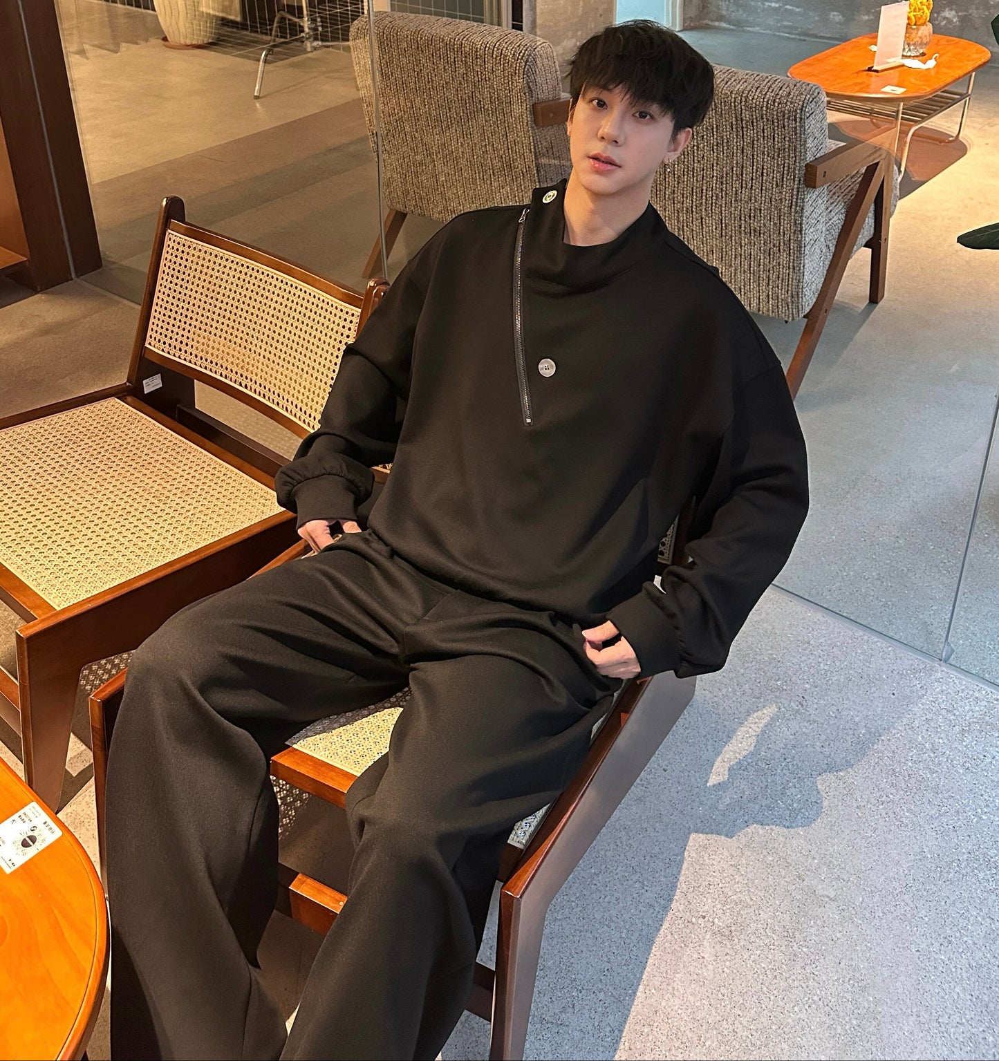 Button Drape Sweatshirt & Pleats Wide Leg Sweatpants Setup WN25206