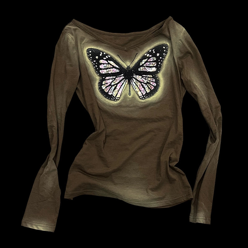 Sequin Cutout Butterfly Embroidery Spray Print Long Sleeve T-Shirt WN18913