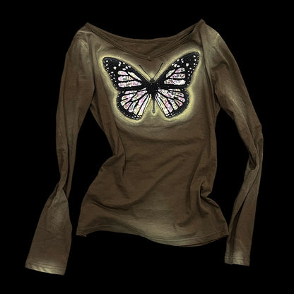 Sequin Cutout Butterfly Embroidery Spray Print Long Sleeve T-Shirt WN18913