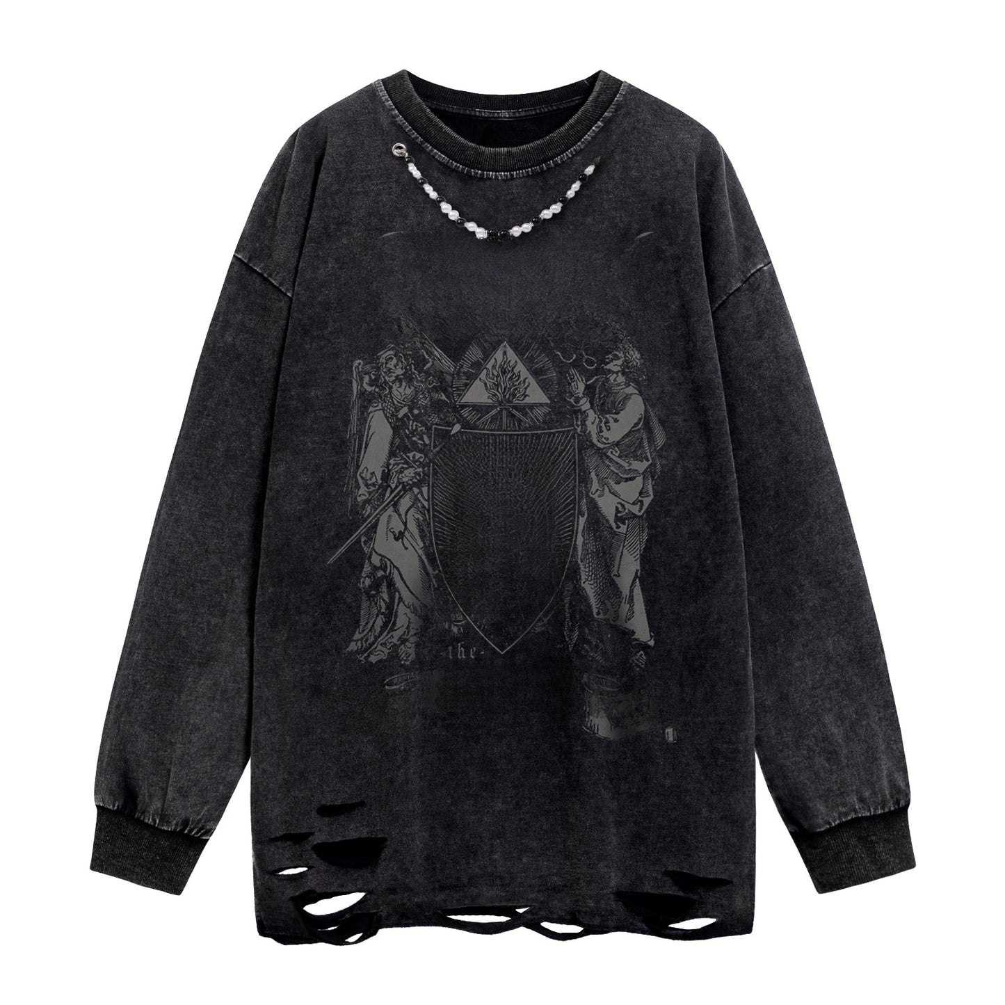 Oversize Cross Print Washed Damage Long Sleeve T-Shirt WN16491