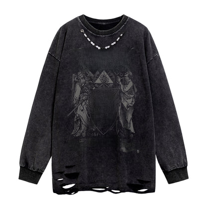 Oversize Cross Print Washed Damage Long Sleeve T-Shirt WN16491