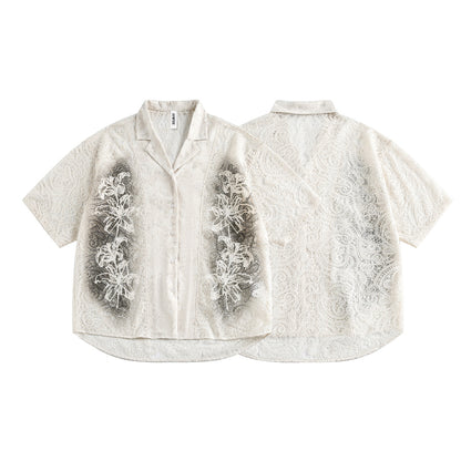 Graffiti Lace Cutout Short Sleeve Shirt WN16181
