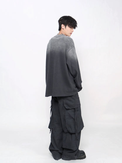 Gradient Damage Pocket Letter Print Long Sleeve T-Shirt WN21029