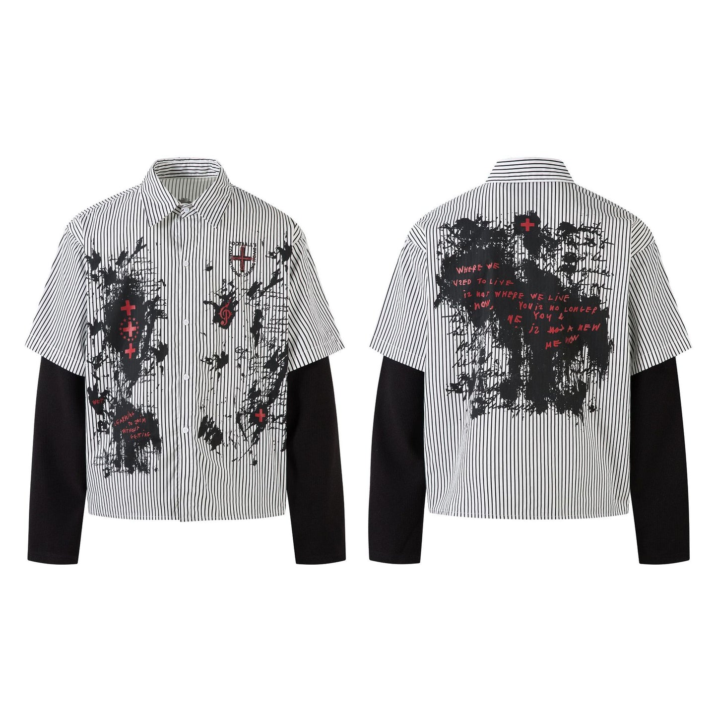 Fake Layered Stripe Graphic Print Long Sleeve Shirt WN25674