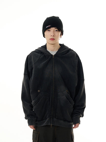 Washed Double Pocket Zipper Hoodie WN7677