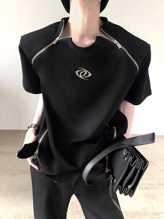 Zipper Design Shoulder-pad Short Sleeve T-Shirt WN20351