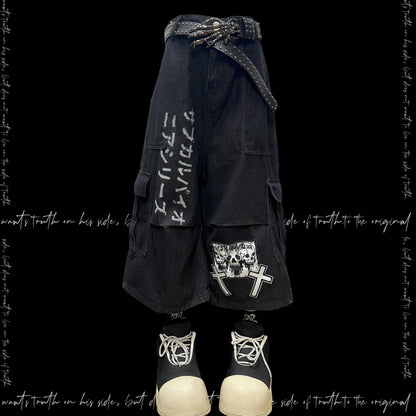 Graphic Letter Print Patchwork Wide Leg Cargo Denim Half Jeans & Belt & Chain WN20128