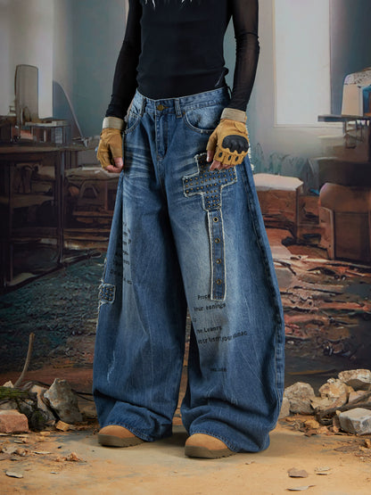 Splicing Studs Washed Damage Wide Leg Denim Jeans WN21343