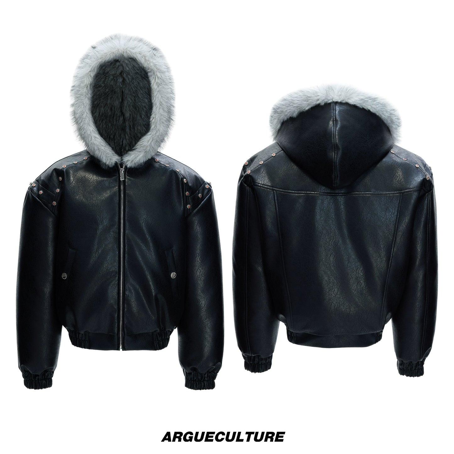 Hooded Fake Fur Collar PU Leather Puffer Jacket WN22619