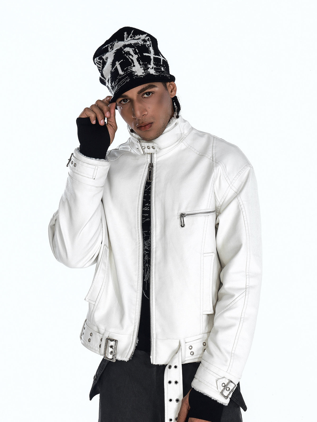 Stand Neck Zipper Panel PU Leather Jacket WN27450