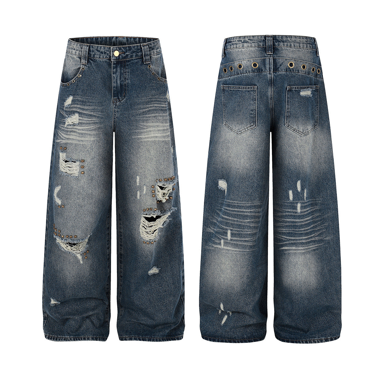 Wash Rivet Damage Wide Leg Denim Jeans WN25573